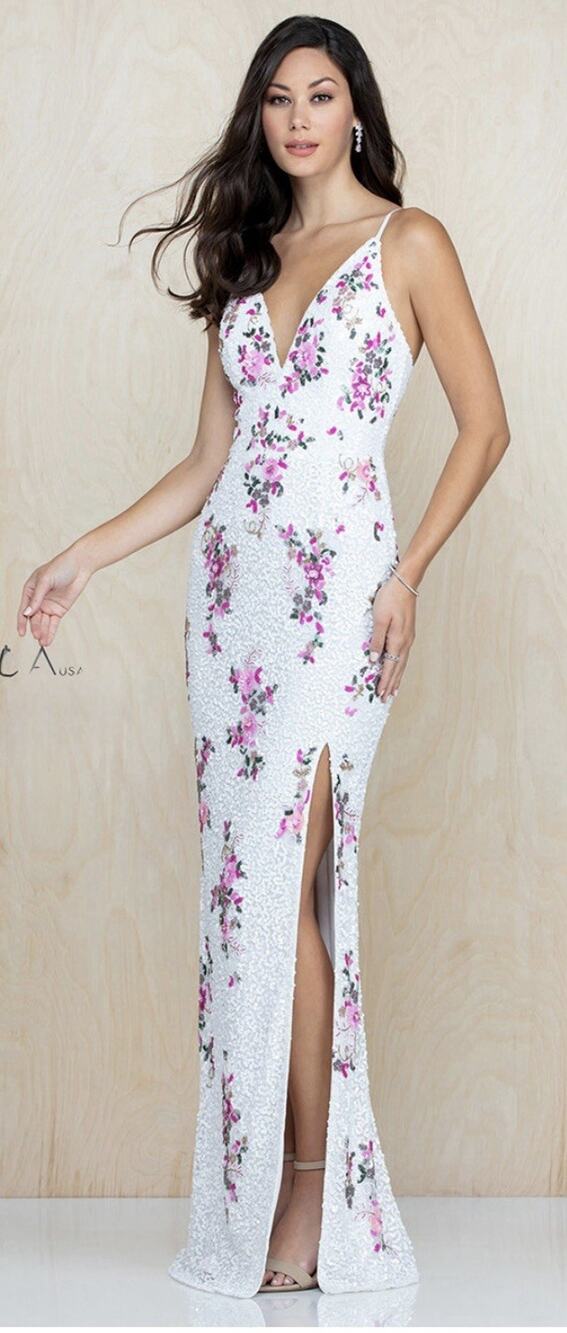 Scala 48965 V-Neck Floral Sequin Long Formal Prom Gown Dress White Pink Size 6